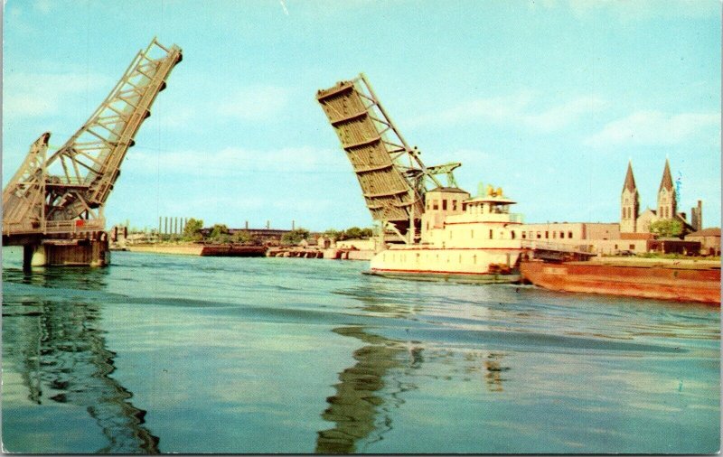 Illinois Waterway Scene Joliet IL Jackson St Lift Bridge Postcard VTG UNP Unused 