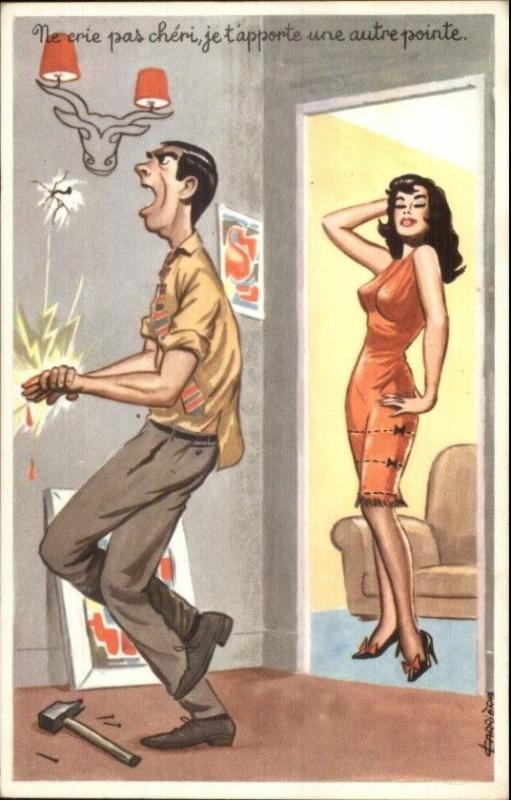 Sexy Large Breasted Woman Distracts Man Hits Hand w/ Hammer French Comic
