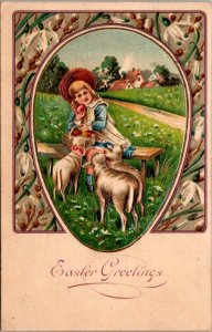 Easter Greetings With Young Girl and Lamb 1907