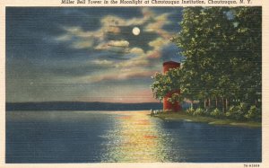 Vintage Postcard 1944 Miller Bell Tower In Moonlight At Chautauqua Inst. NY