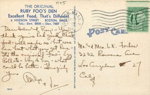 Postcard 1945 Massachusetts Boston Ruby Foo's Den Restaurant MA24-1185