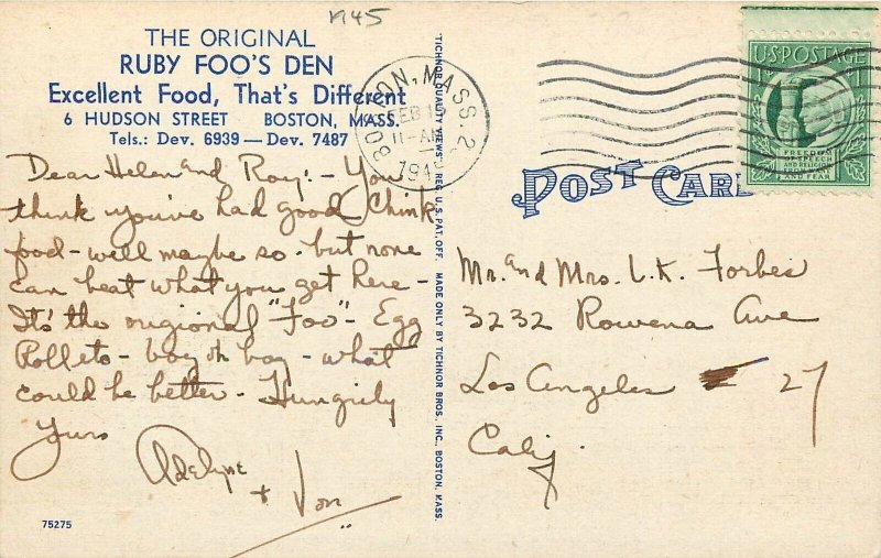 Postcard 1945 Massachusetts Boston Ruby Foo's Den Restaurant MA24-1185