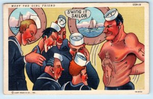 NAVY COMIC Sailors Meet the Girl Friend TATTOO Swing it Sailor 1944 Postcard 