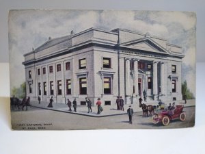 St Paul Minnesota Postcard First National Bank Old Car Horse & Buggy R Steinman