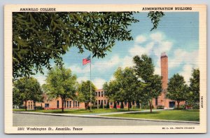 Amarillo Texas~College Campus~Admin Bldg~USA Flag~Tower~Linen 1940s Postcard