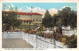 Lake George New York~Fort William Henry Hotel from Pergola~Flowers on Rail~1934