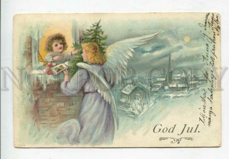 428890 CHRISTMAS X-mas ANGEL w/ Toys Vintage LITHO 1905 year