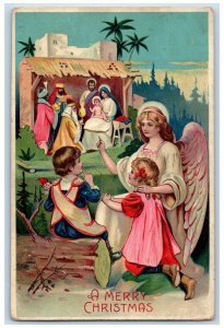 Christmas Postcard Religious Angel And Children Embossed c1910's Posted Antique