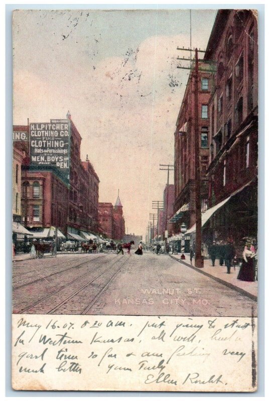 1907  Walnut Street Horse Carriage Kansas City Missouri Vintage Antique Postcard 