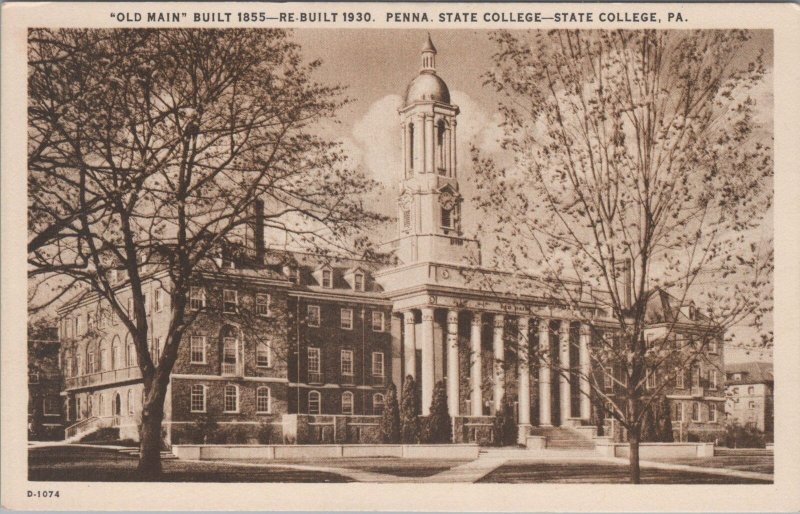 Postcard Old Main Rebuild 1930 Penn State State College PA