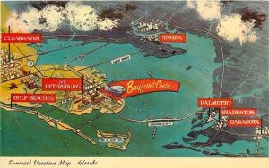 Florida~Suncoast Vacation Map Postcard~Topographical~Clouds~Cities~1967 PC
