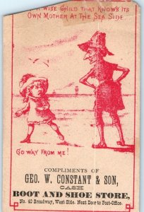 c1880s Creepy Witch Scares Little Girl Humor Trade Card Huge Hook Nose Woman C27