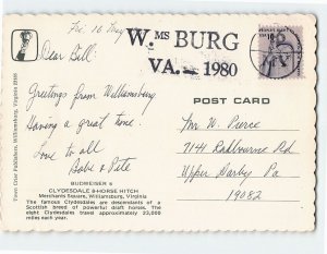 Postcard Budweiser Clydesdale 8 Horse Hitch Williamsburg Virginia USA