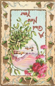 Vintage Embossed New Years Postcard with Bells & Mistletoe, 1911