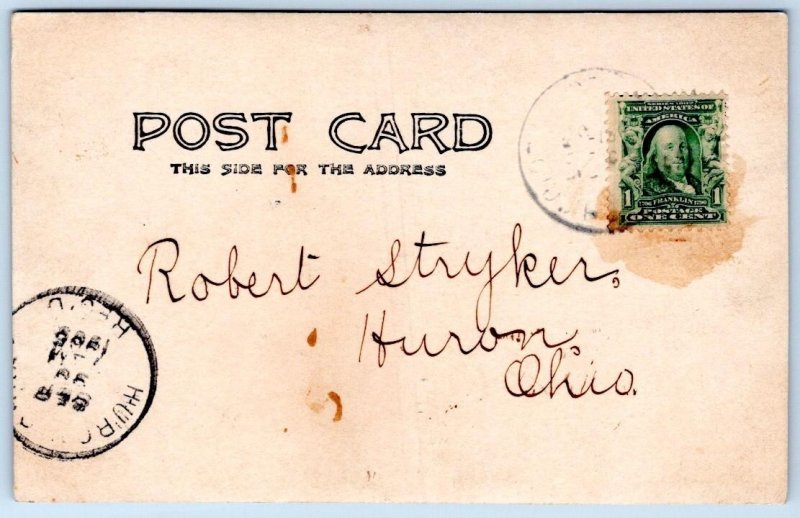 1905 RPPC SCHOOLHOUSE STUDENTS ON LAWN HURON OHIO POSTMARK POSTCARD
