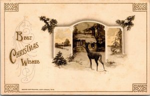 Vtg Best Christmas Wishes Country Cottage Deer John Winsch 1910s Postcard