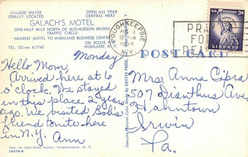 Highland New York 1959 Postcard Galach's Motel  