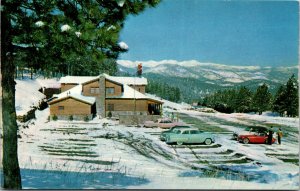 Vtg Restaurant Snow Covered Mountains Old Cars El Rancho Colorado CO Postcard