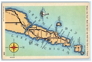 c1920's Nautical Map Of Lake Michigan Green Bay Indicates Places Route Postcard
