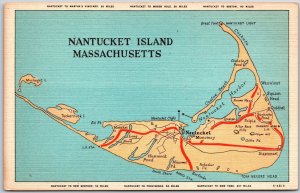 Massachusetts MA, Famous Places, Nantucket Island, Map, Vintage Postcard