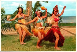 Dazzling Tahitian Dancers Kodak Hula Girls grass skirts Hawaii Postcard