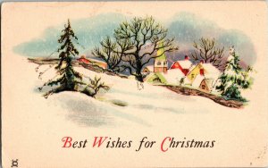 Christmas Wishes Vintage Postcard C1915 Winter Small Town Church Scene Glitter