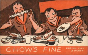 BOY SCOUTS Campers Eating Chow Like a Horse Vintage Postcard