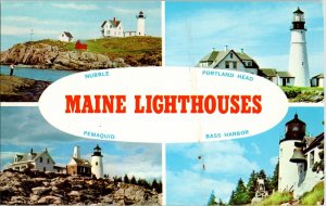 Maine Lighthouses Nubble Portland Head Pemaquid Bass Harbor Postcard Bromley Vtg 
