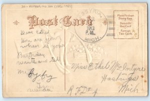 Heartiest Wishes Boy Wishbone Flowers Assyria MI DPO (1842-1937) Nash Postcard