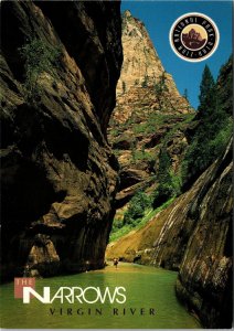 VINTAGE CONTINENTAL SIZE POSTCARD HIKER RIVER AT NARROWS ZION NATIONAL PARK UTAH