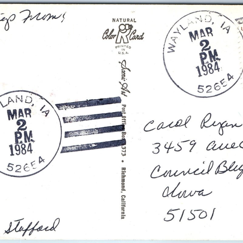 1984 Wayland, IA Post Office Cancel Postcard Town USPO Postal History A268