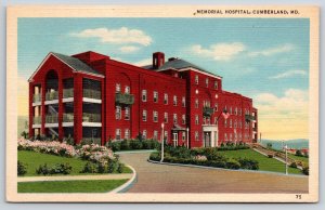 Cumberland Maryland~Memorial Hospital Street View~US Flag~Vintage Linen Postcard