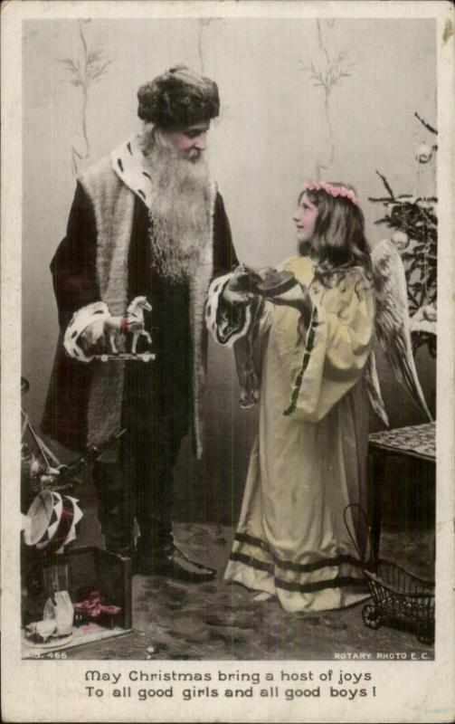 Christmas - Skinny Santa Claus Girl in Angel Costume c1910 Real Photo Postcard