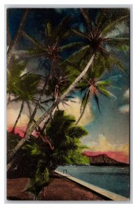 Sunset on Diamond Head Waikiki Hawaii HI UNP Handcolored Postcard M20