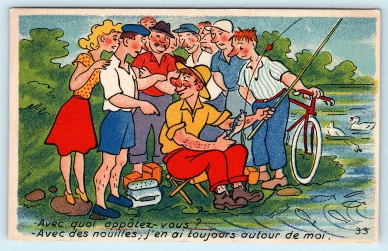 French FISHING COMIC Avec Quoi Appatez Vous? Crowd Asking about Bait? Postcard