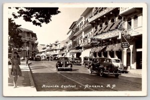 RPPC Panama City View Avenida Central 1940s Autos Pretty Lady Postcard F28