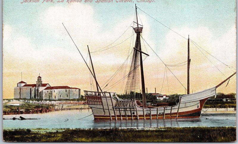 VINTAGE POSTCARD LA RABIDA AND SPANISH CARAVEL AT JACKSON PARK CHICAGO