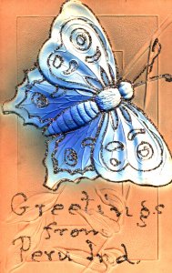 Glitter Embossed Butterfly  Greetings From Peru  Indiana  Postcard  c1915