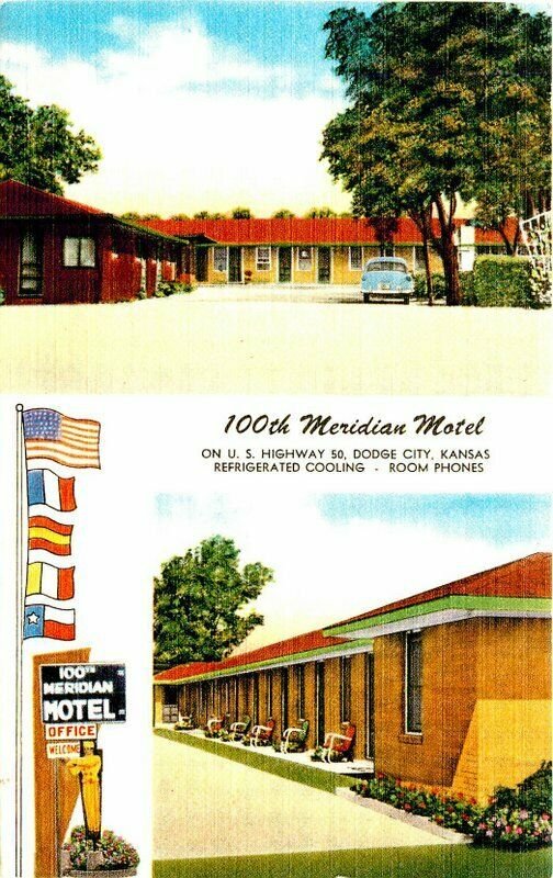 100th Meridian Hotel Dodge City Kansas 1957 Postcard MWM roadside 9316