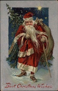 Christmas Santa Claus Walking Night Scene Embossed Tuck c1900s-20s Postcard
