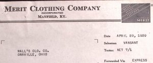 1939 MERIT CLOTHING CO MAYFIELD KY WALLS ORRVILLE OHIO BILLHEAD INVOICE Z264