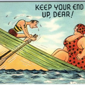 c1940s Keep Your End Up Dear Comic Large Lady Row Boat Linen PC Fat Woman A294