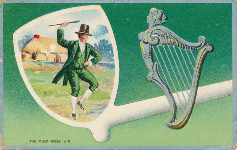 St Patrick's Day Greetings - Celtic Harp and Dancing a Irish Jig - pm 1912 - DB