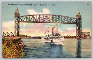 Linen~Massachusetts~Ship Under Railroad Bridge @ Cape Cod Canal~1940s Postcard