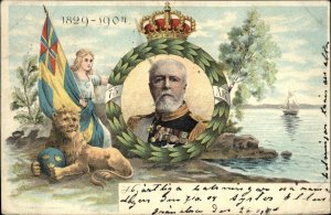 Sweden King Oscar II Royalty Flag Lion c1904 Postcard