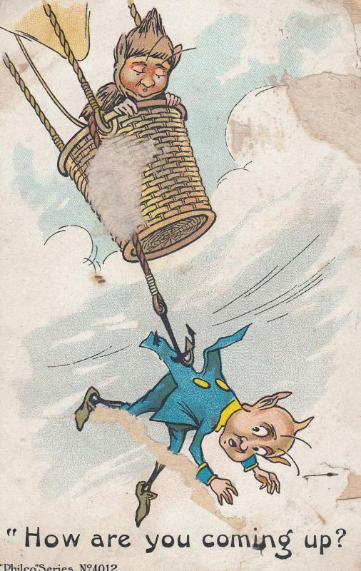 Devil in Hot Air Balloon Cutting Rope Old Comic Postcard