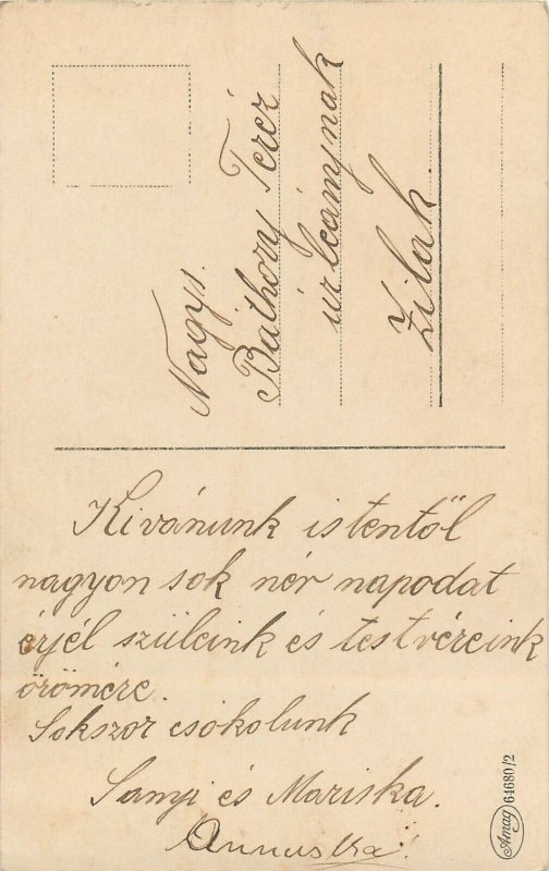 Fancy couple early tinted postcard green dress fashion glamour elegance 