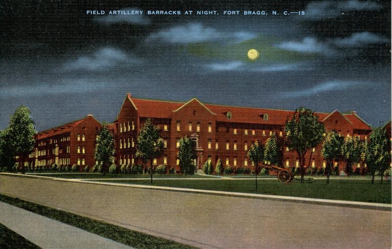 NC - Fort Bragg. Field Artillery Training Center, Barracks at Night (Military)