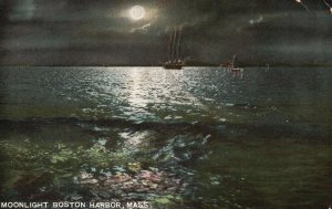 Moonlight Boston Harbor Massachusetts Hugh C. Leighton Pub Vintage Postcard 1908