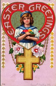 Easter Postcard Sailor Dressed Girl Holding Colored Eggs Cross Flowers~3524